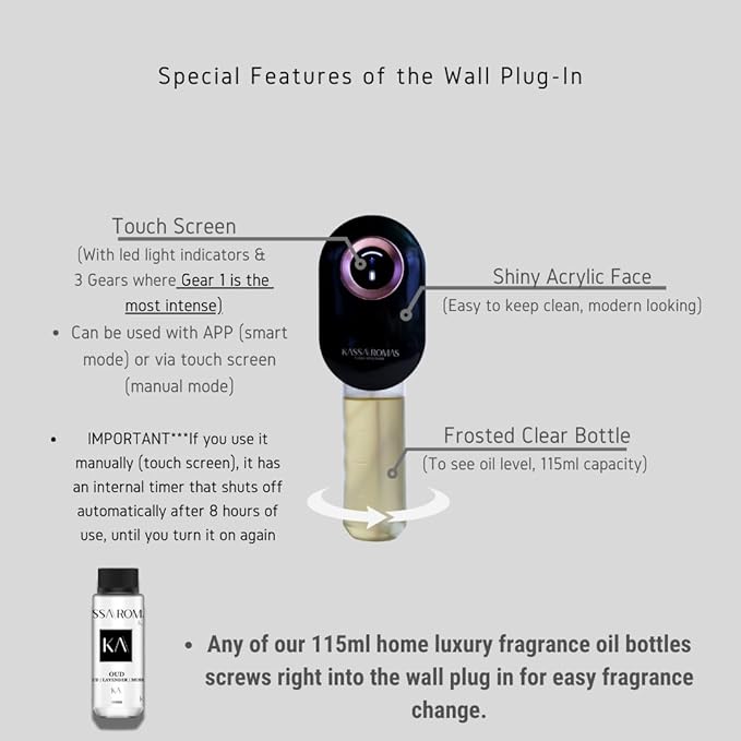 S910 Smart Scent Diffuser - Modern Design, Shiny Acrylic Material, LED Light, Cold Air Diffusion, Bluetooth App Controlled, Touch Screen (Black with Rose Gold Ring)