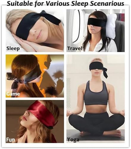 Premium Silk Sleep Mask, Soft Adjustable Blindfold for Adults Couples, Breathable Light Blocking Silk Eye Mask, Comfort Night Sleeping Eye Cover, Portable Bedroom Relax Accessories for Travel Nap & Daily Rest (V-shaped Black)