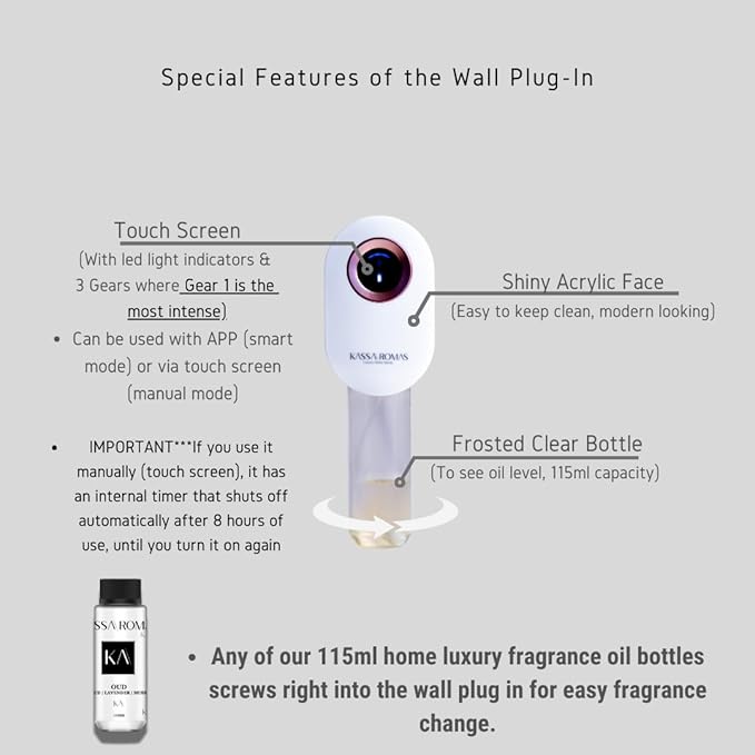 S910 Smart Scent Diffuser - Modern Design, Shiny Acrylic Material, LED Light, Cold Air Diffusion, Bluetooth App Controlled, Touch Screen (White with Rose Gold Ring)