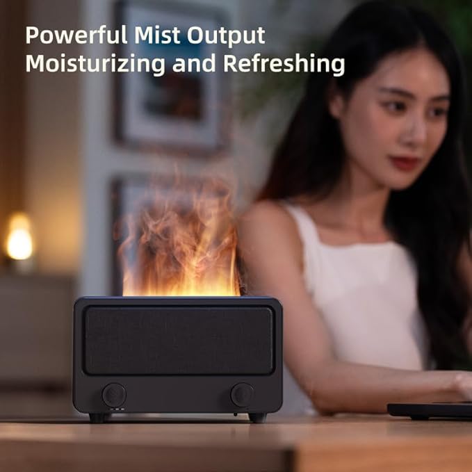 A8 Aroma Diffuser with Bluetooth Speaker, 250ml Cool Mist Humidifier, Simulated Flame Light & 7 Color Gradient, Remote Control, Timer, Auto Waterless Shut-Off for Home Bedroom Office (Black)