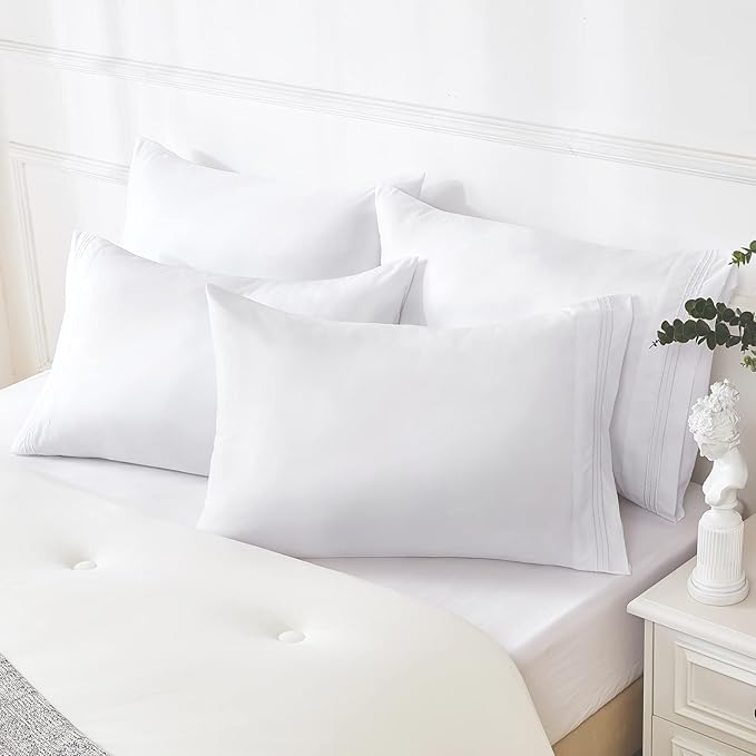 YIYEA Standard Pillow Cases Set of 2, Ultra Soft Double Brushed Microfiber Pillowcases Standard, Hotel Quality Embroidered Bed Pillow Covers, Fade Resistant, Easy Slip-On (20"x26", White)
