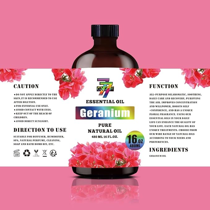 Geranium Essential Oil - Geranium Oils for Diffusers, Humidifiers, DIY Candles, Soap, Cleaning, Home, Office, Yoga, Massage, Gifts - 16 fl oz (480 ml) - GV77ZF