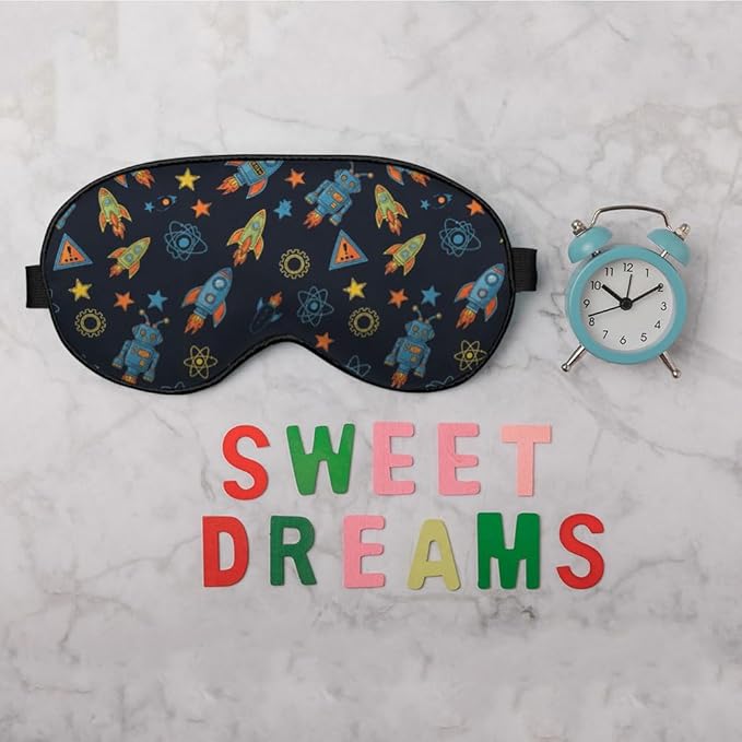 Cartoon Robot Sleep Mask Mechanical Equipment Tools Stars Planet Rocket Silk Eye Mask Sleeping Soft Eye Shade Cover for Men Women Boy Girl Airplane Travel with Elastic Strap