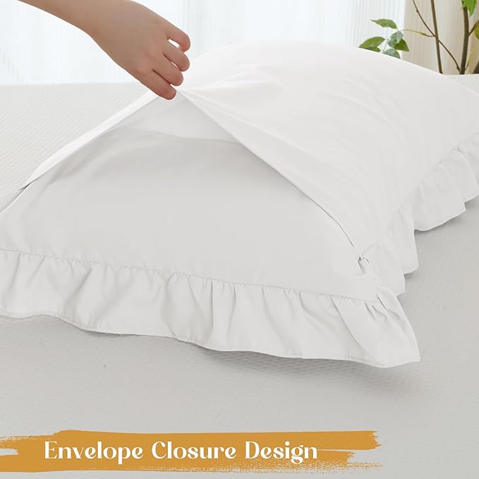 Homiest 3-Pieces Ruffle Pillow Case & Fitted Sheet Set, White Queen Sheets with 2 Ruffled Pillow Shams, 15 Inch Deep Pocket, Cute & Coquette Microfiber Bed Set for Decorating Bedroom Hotel
