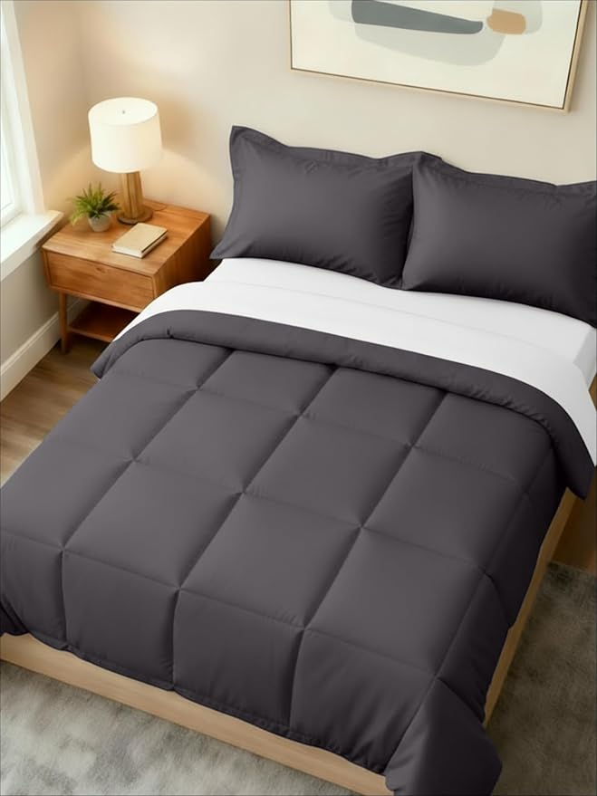 King Comforter Set - 3 Piece Bed Set for All Seasons - 1 Soft Quilted Comforter w/ Corner Tabs & 2 Pillow Shams - Comfy, Cozy & Breathable - Premium Down Duvet Insert - Oeko-TEX - King Size, Dark Grey