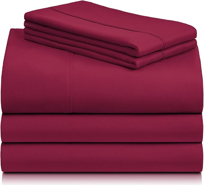 LuxClub 5 PC Split King Sheet Set, Breathable Luxury Bed Sheets, Deep Pockets 18" Eco Friendly Wrinkle Free Cooling Sheets Machine Washable Hotel Bedding Silky Soft - Burgundy Split King