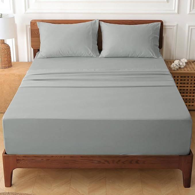 HYPREST Extra Deep Pocket Cal King Sheet Sets Fits 18"-24" in Deep Mattress -100% Cotton California King Sheet Set, Light Grey Sheets Soft Sheet Sets Breahtable No Slipping