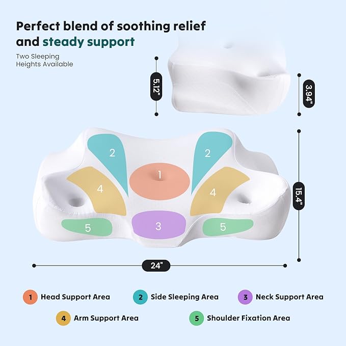 DUMOS Cervical Neck Pillow for Sleeping, Cooling Ergonomic Memory Foam Pillow with Arm Rest Slot and Ice Silk Pillowcase, Dual Height Orthopedic Support Contour for Side, Back, Stomach Sleepers