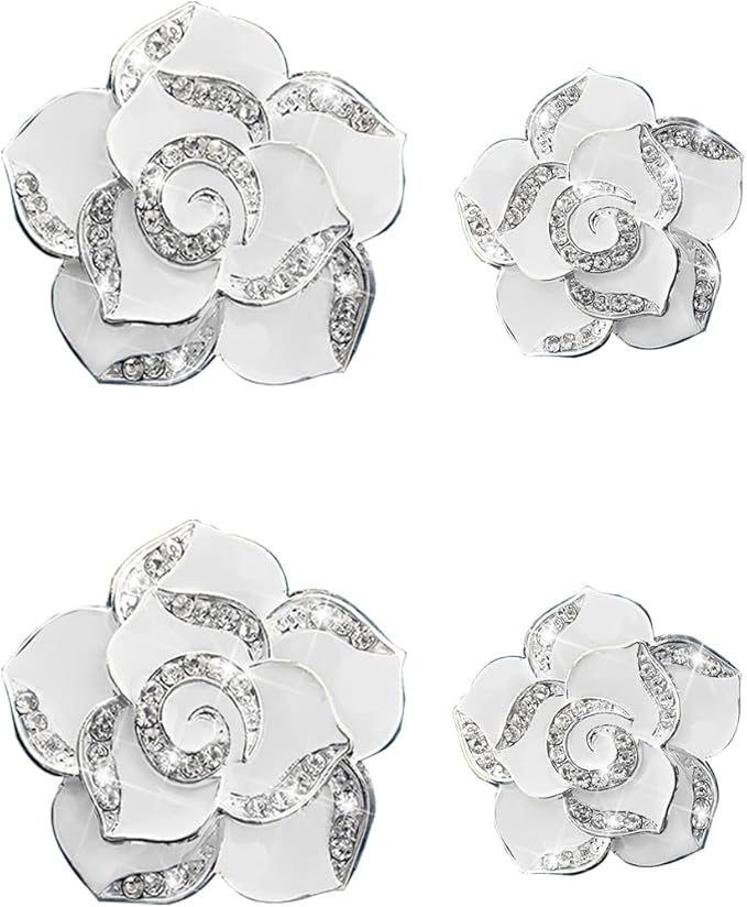 4PCS Bling Car Air Vent Clips, Flower Shiny Rhinestone Clip-on Vehicle Air Outlet Clamp, Sparkly Diamond Auto Interior Vent Decoration Clip, Universal for SUV Automobile Truck (White)