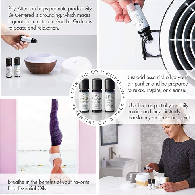 Ellia Essential Oil Set, Calm and Concentration, Including Signature Blends of Pay Attention, Be Centered, and Let Go. 3 Pack Essential Oil Kit, 10ml Each, by Homedics