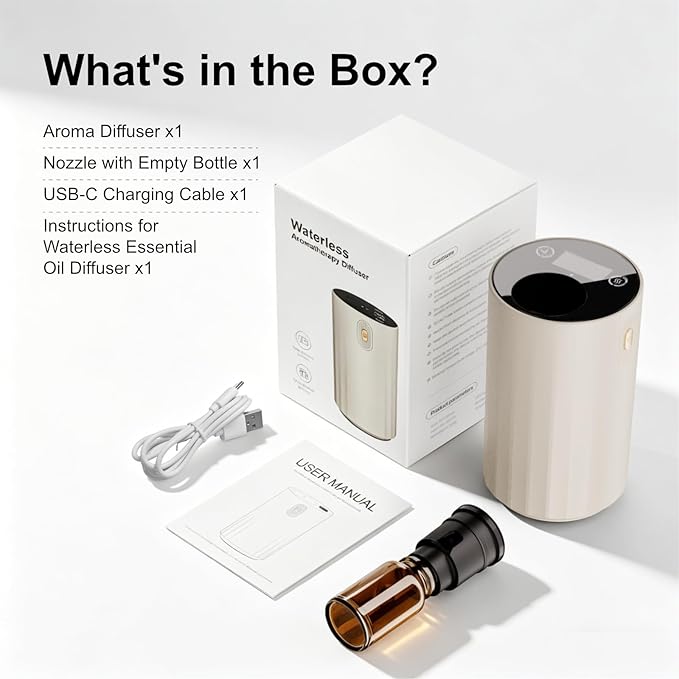 ASAKUKI Waterless Diffuser for Home & Car, 0.17–0.68 fl. oz. / 5–20 ml of Essential Oil, with Adjustable Mist Levels and Timer, Built-in 2000 mAh Battery, Ideal for Home, Car, Office and Travel(White)