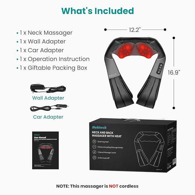 Nekteck Shiatsu Neck Massager with Heat for Pain Relief Deep Tissue, 2026 Upgraded 3D Back Shoulder Kneading Massage Pillow, Mother's Day Father's Day Relaxation Gifts for Mom Dad, Black(NOT Cordless)