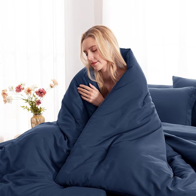 CozyLux Queen Comforter Set Navy Blue, 7 Pieces Bed in a Bag Queen Comforter Set with Sheets, Luxury Soft Bedding Sets with Down Alternative Comforter, Fitted Sheet, Flat Sheet, Pillowcases & Shams