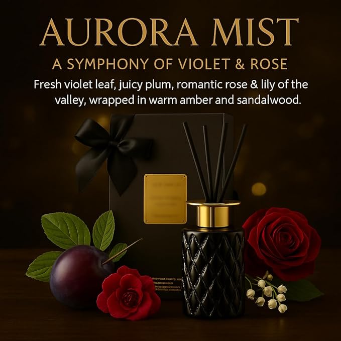 Aurora Mist Reed Diffuser Set, 150ml Luxury Black Glass Bottle with Sticks, Long Lasting Home Fragrance for Bedroom, Living Room, Office, Spa – Elegant Gift for Women & Men