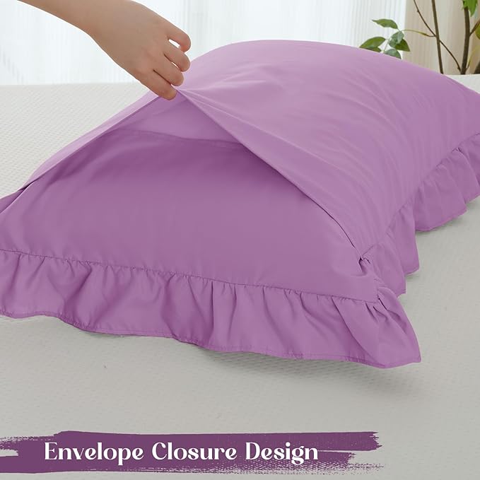 Homiest 3-Pieces Ruffle Pillow Case & Fitted Sheet Set, Lavender Queen Sheets with 2 Ruffled Pillow Shams, 15 Inch Deep Pocket, Cute & Coquette Microfiber Bed Set for Decorating Bedroom Hotel