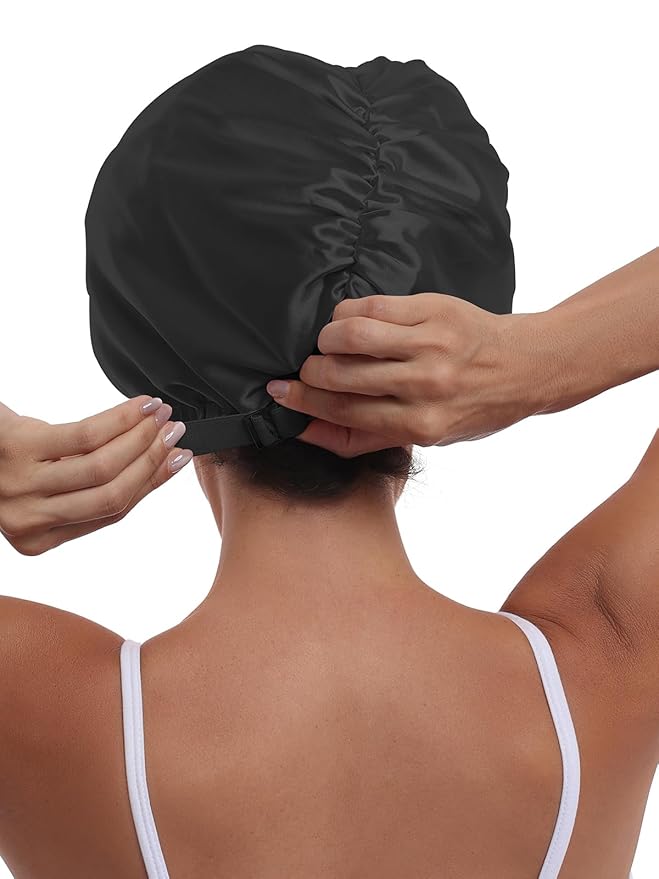Double Layer Satin Bonnet with Eye Mask Adjustable Silk Sleep Cap Turban Style Hair Wrap for Curly Hair Black
