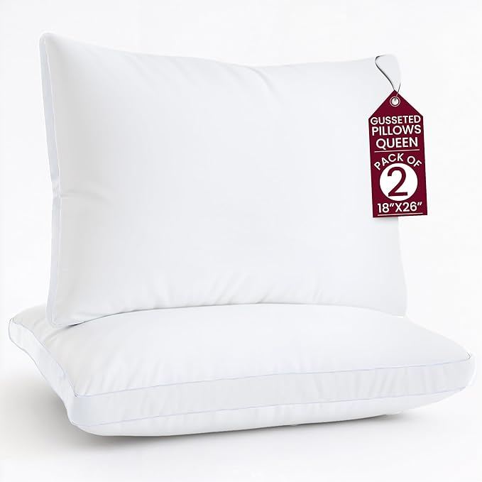 LUX Décor Gusseted Style Soft Hotel Pillows Set of 2 – for Side, Stomach & Back Sleepers - Down Alternative Hotel Bed Pillows – 100% Microfiber Cover, Virgin PSF Fill – White, Queen 26x18