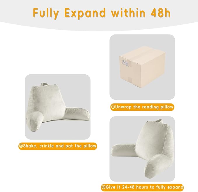 OAISZ Reading Pillow for Sitting in Bed Adult, Reading Pillow with Shredded Memory Foam, Bed Pillow with Washable Cover, Back Pillow Sitting Up with Extend Arms, Beige, X-Large