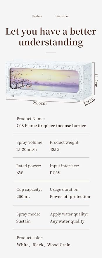 250ml Essential Oil Diffuser, Fireplace Flame Design Aromatherapy Humidifier, 7 Color LED Lights, Ultrasonic Quiet Auto Shut-Off Timer, BPA-Free for Home Bedroom Office (C08W)