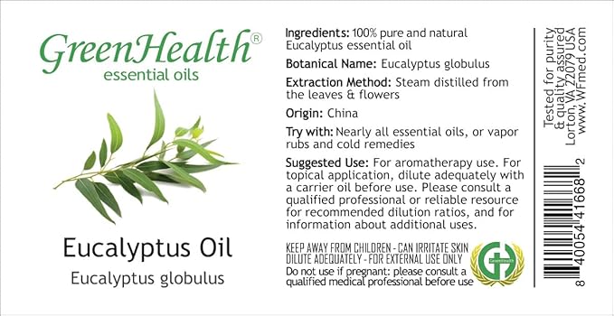 GreenHealth Eucalyptus Essential Oil – 15 ml (0.5 fl oz) – 100% Pure & Natural – Therapeutic Grade Aromatherapy Oil – Amber Glass Bottle with Euro Dropper – for Diffuser, Cleaning, Home Use