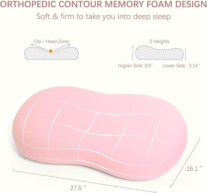 Cervical Memory Foam Pillow: Neck Pillows for Pain Relief Sleeping - Ergonomic Pillow for Neck and Shoulder Pain | Contour Support Bed Pillow for Side Back Stomach Sleepers (Pink)