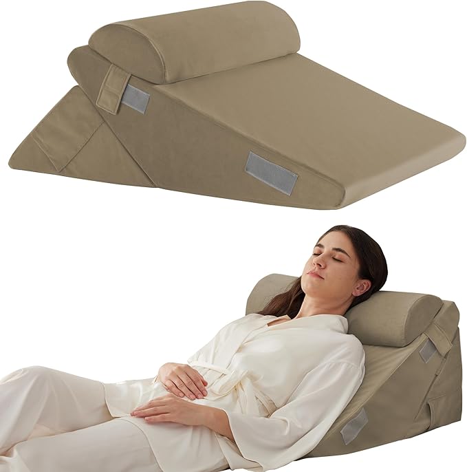 Ruqmuis 3PCS Wedge Pillow Set for After Surgery, Adjustable 9&12 Inch Bed Wedge Pillow for Sleeping, Incline Pillow Wedge for Headboard, Post Surgery, Acid Reflux, Neck&Back Support, Plush Brown