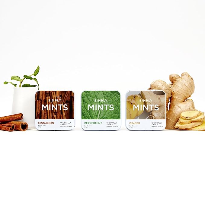 SIMPLY MINTS Natural Breath Mint Sampler, 6 Pack (180 Pieces), Made with Peppermint, Ginger, and Cinnamon Oils, Aspartame-Free, Sorbitol-Free, Xylitol-Free, Vegan, Kosher, Non-GMO