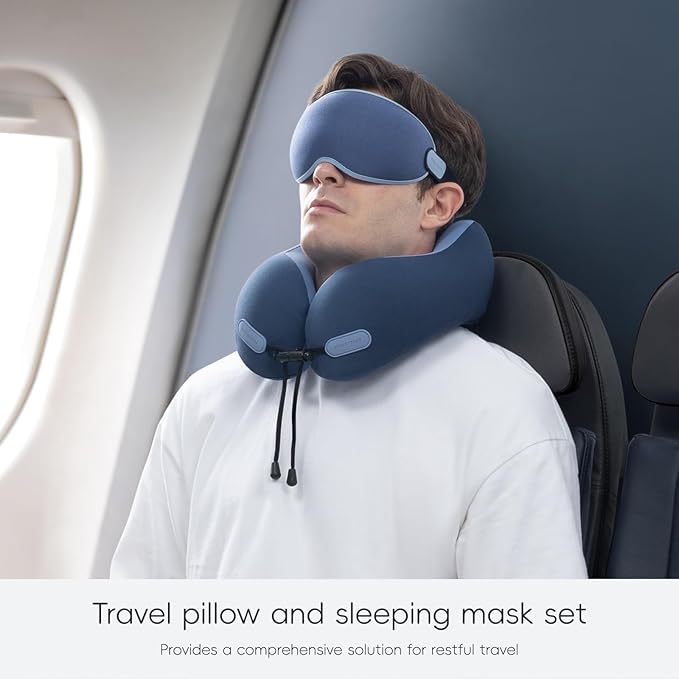 urnexttour Neck Pillow for Travel Memory Foam Design Models Pillows with Zero Eye Pressure 3D Eye Mask and Compact Bag Traveling Essentials Plane Car Flight Rest Sleeping Use Adult, Blue