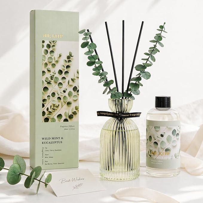 Airkeep Reed Diffuser Set 6.76 oz – Wild Mint & Eucalyptus Home Fragrance with Eucalyptus Sticks – Decorative Glass Bottle for Bathroom, Bedroom & Living Room Décor – Gift Ready