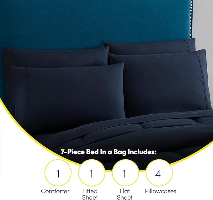 California King Comforter Set - Soft & Breathable 7-Piece Bedding Collection - 1 Comforter, 1 Fitted Sheet, 1 Flat, 4 Pillowcases - Deep Pocket - Premium Quality - Ideal for All Seasons, Navy