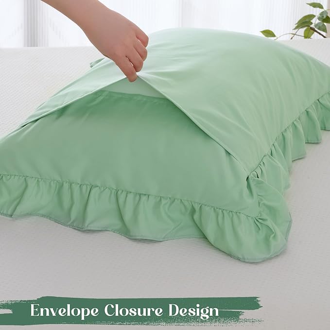Homiest 3-Pieces Ruffle Pillow Case & Fitted Sheet Set, Sage Green Queen Sheets with 2 Ruffled Pillow Shams, 15 Inch Deep Pocket, Cute & Coquette Microfiber Bed Set for Decorating Bedroom Hotel