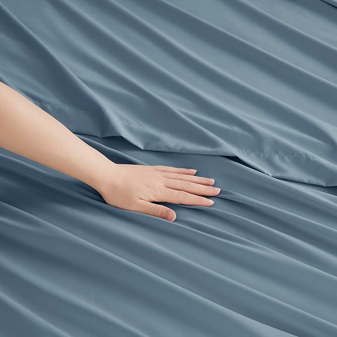 Clara Clark Bed Sheets, Premier 1800 Series Bed Sheet Set, Deep Pocket, Wrinkle, Fade, Stain Resistant, Luxury Soft Bedding Sheets & Pillowcases, Twin, Stone Blue