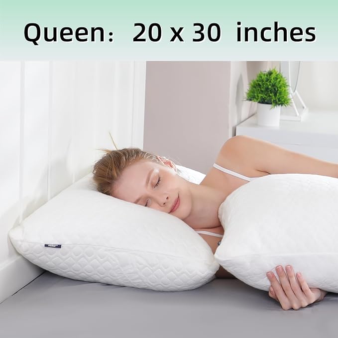 Rainmr Memory Foam Pillows Queen Size Set of 2 - Adjustable Bed Pillows for Side Back Stomach Sleepers - with Washable Cooling Pillowcase (White, Queen 2-Pack)