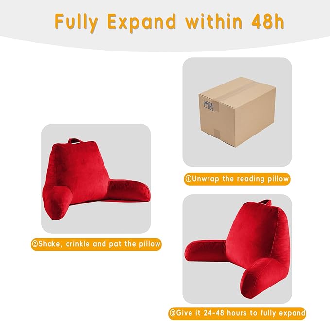 OAISZ Reading Pillow for Sitting in Bed Adult, Reading Pillow with Shredded Memory Foam, Bed Pillow with Washable Cover, Back Pillow Sitting Up with Extend Arms, Red, X-Large