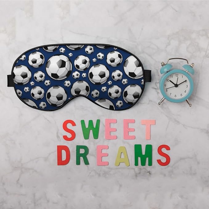 Football Sleep Eye Mask Soccer Ball Black White Square Sphere Blue Silk Eye Mask Sleeping Soft Eye Shade Cover for Men Women Boy Girl Airplane Travel with Elastic Strap