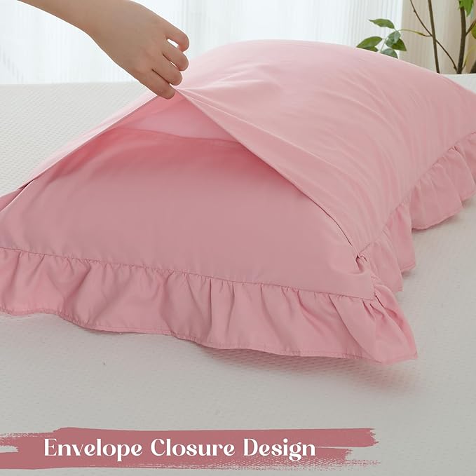 Homiest 3-Pieces Ruffle Pillow Case & Fitted Sheet Set, Light Pink Full Sheets with 2 Ruffled Pillow Shams, 15 Inch Deep Pocket, Cute & Coquette Microfiber Bed Set for Decorating Bedroom Hotel