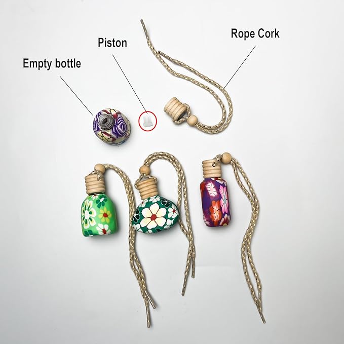 10 PCS Car Air Freshener 8ml Polymer Clay Empty Glass Bottle with Wooden Cap& Rope, Essential Oil Diffuser Perfume Aromatherapy Pendant for Auto Interior Decoration Fragrance Ornament - Random