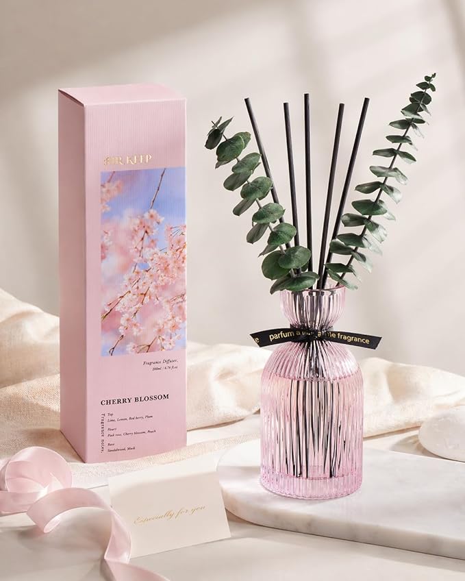 Airkeep Reed Diffuser Set 6.76 oz – Cherry Blossom Home Fragrance with Eucalyptus Sticks – Decorative Glass Bottle for Bathroom, Bedroom & Living Room Décor – Gift Ready