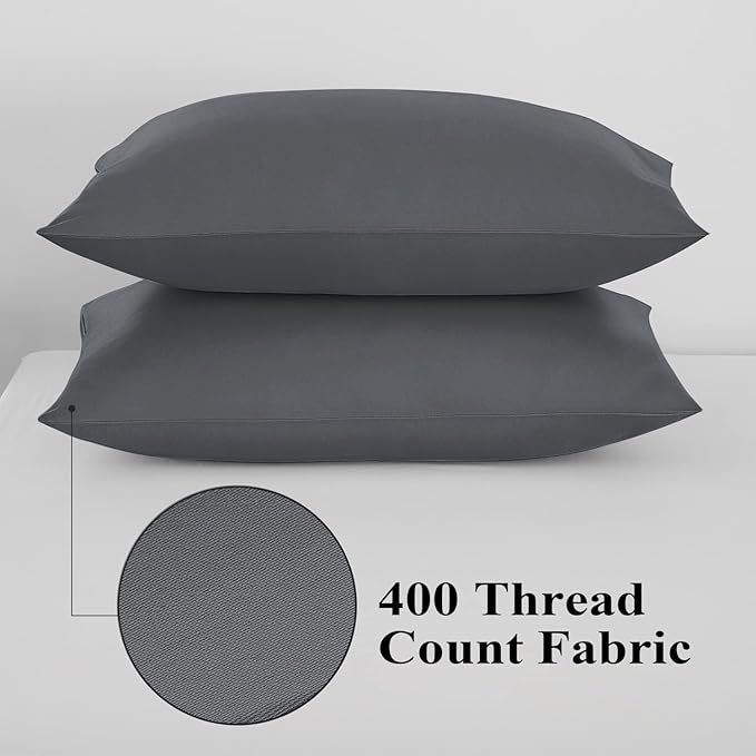Pillow Protector Queen Size 100% Egyptian Cotton Pillow Covers, 400 Thread Count Sateen Weave Cooling Pillow Cases with Zipper Hidden, Breathable Non Noisy Easy Care, Set of 2 (Dark Grey)