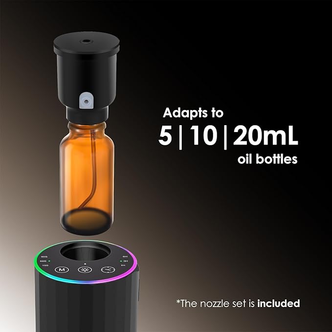 Waterless Essential Oil Diffuser, 7 Colors LED Light, Battery Powered Mini Scent Air Machine, Aromatherapy Mist Diffuser for Home Room Car Office,Black Aluminum Alloy (Black) (Black)