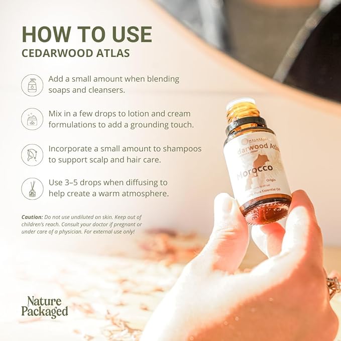 Cedarwood Atlas Essential Oil - Direct from Morocco Forests - Steam Distilled - Cedro del Atlas for Aromatherapy, Massage, Diffuser, DIY Candle and Soap Making - 8oz