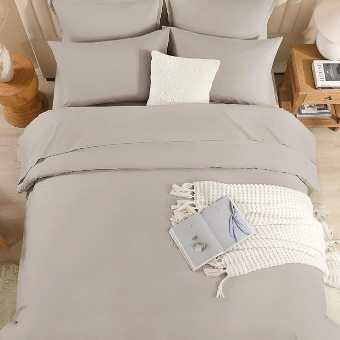 Litanika Full Size Comforter Sets Linen Grey - 7 Pieces Bed in a Bag Full Bedding Comforter Sets, Solid Lightweight Bed Set with Comforter, Sheets, Pillowcases & Shams
