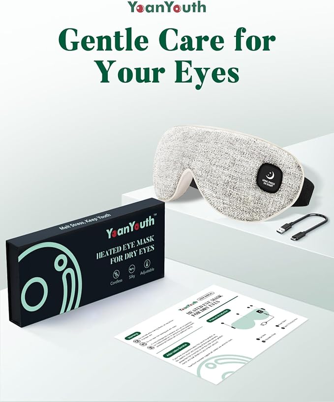 YoanYouth Heated Eye Mask for Dry Eyes, FSA Eligible HSA, Cordless Warm Compress for Eyes, Light Blocking Eye Heating Pad, Styes, Sleep, Cover Washable, Rechargeable, Light Gray