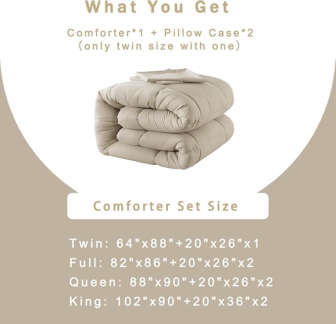 DOWNCOOL Twin Comforter Set -All Season Bedding Comforters Sets with 1 Pillow Case -2 Pieces Bed Set Down Alternative Comforter Set -Beige Twin Bedding Sets(64"x88")