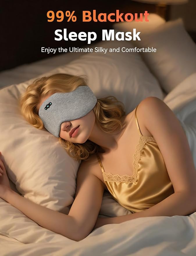Sleep Mask with Headphones Bluetooth 6.0, 20H Playtime Sleeping Headphones with HD Stereo Speakers for Side Sleepers, Adjustable Blackout Silk Eye Mask for Travel Meditation, Gifts for Women Men(Grey)