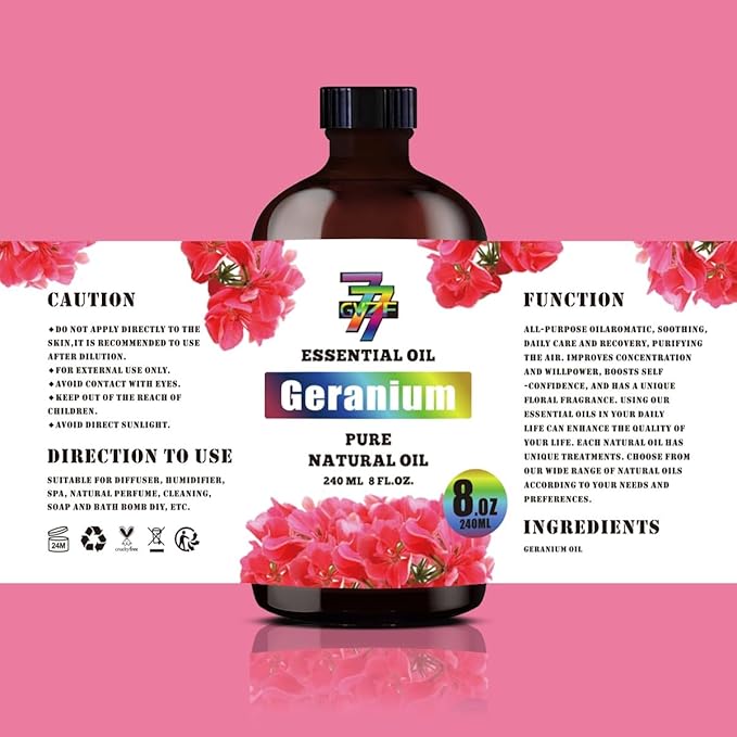 Geranium Essential Oil - Geranium Oils for Diffusers, Humidifiers, DIY Candles, Soap, Cleaning, Home, Office, Yoga, Massage, Gifts - 8 fl oz (240 ml) - GV77ZF