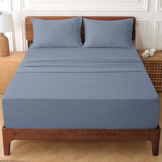 HYPREST 100% Cotton Percale Sheets Queen Size - 18-24 Extra Deep Pocket Bed Sheet Set Queen, Crisp & Breathable Cooling Bedding (Dusty Blue)