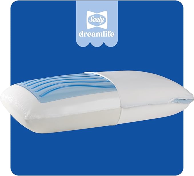 Sealy Dreamlife Standard Size Memory Foam Cooling Pillow with SealyChill Cooling Gel, Removable Machine-Washable Cover, Made in The USA