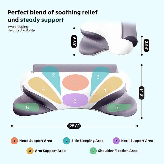 NEWBULIG Cervical Neck Pillow - Ergonomic Memory Foam Pillow for Neck Pain Relief, Contour Orthopedic Bed Pillow for Side, Back & Stomach Sleepers with Neck Support, 25.81" Lx14.6 W, White & Grey
