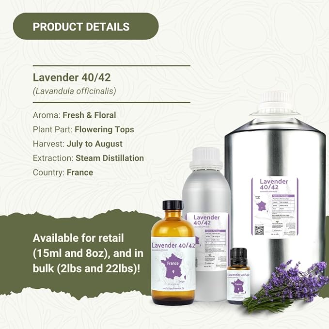 Lavender 40/42 Essential Oil Direct from France - Essential Oil for Candle Making and Soaps - Pure Lavender 40/42 Oil for Aromatherapy, Skincare, Haircare, Perfumes (2lbs)